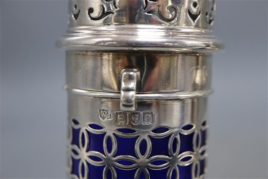 A late Victorian silver lighthouse sugar caster, with blue glass liner, London, 1900, 18.8cm and two later silver sugar casters,